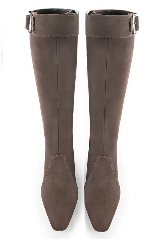 Taupe brown women's feminine knee-high boots. Square toe. Medium block heels. Made to measure. Top view - Florence KOOIJMAN